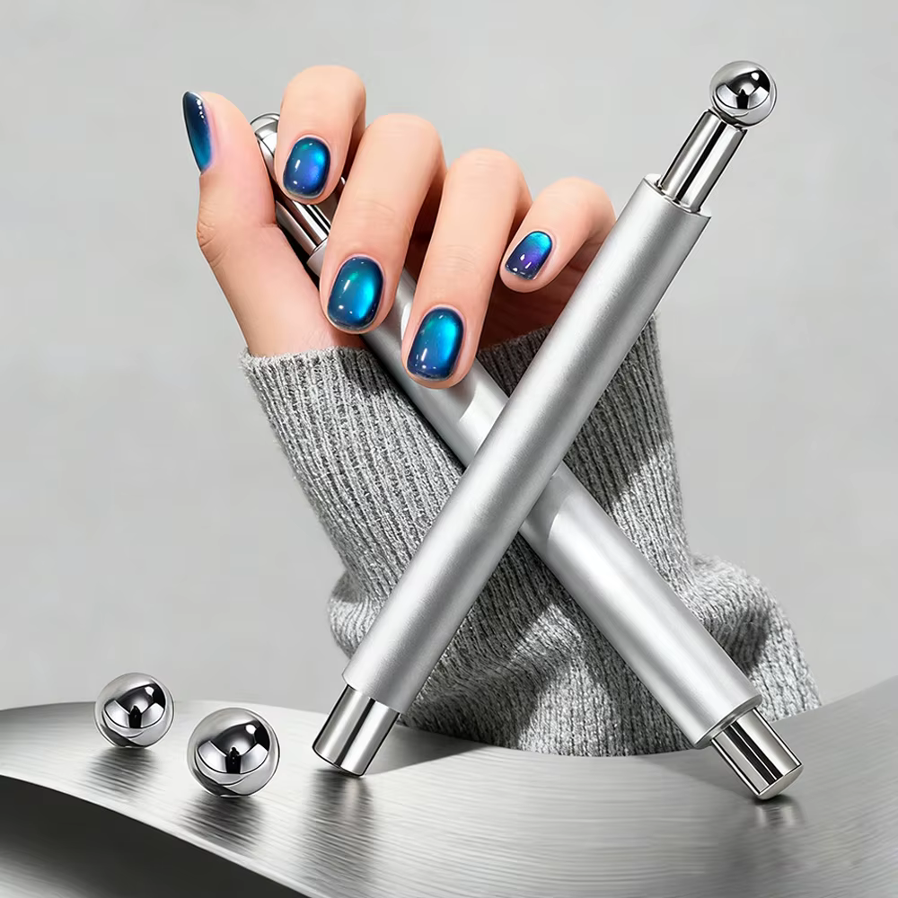  Stylo magnétique pour ongles, Double tête + boule ronde en acier, œil de chat, argent/rose, bâton