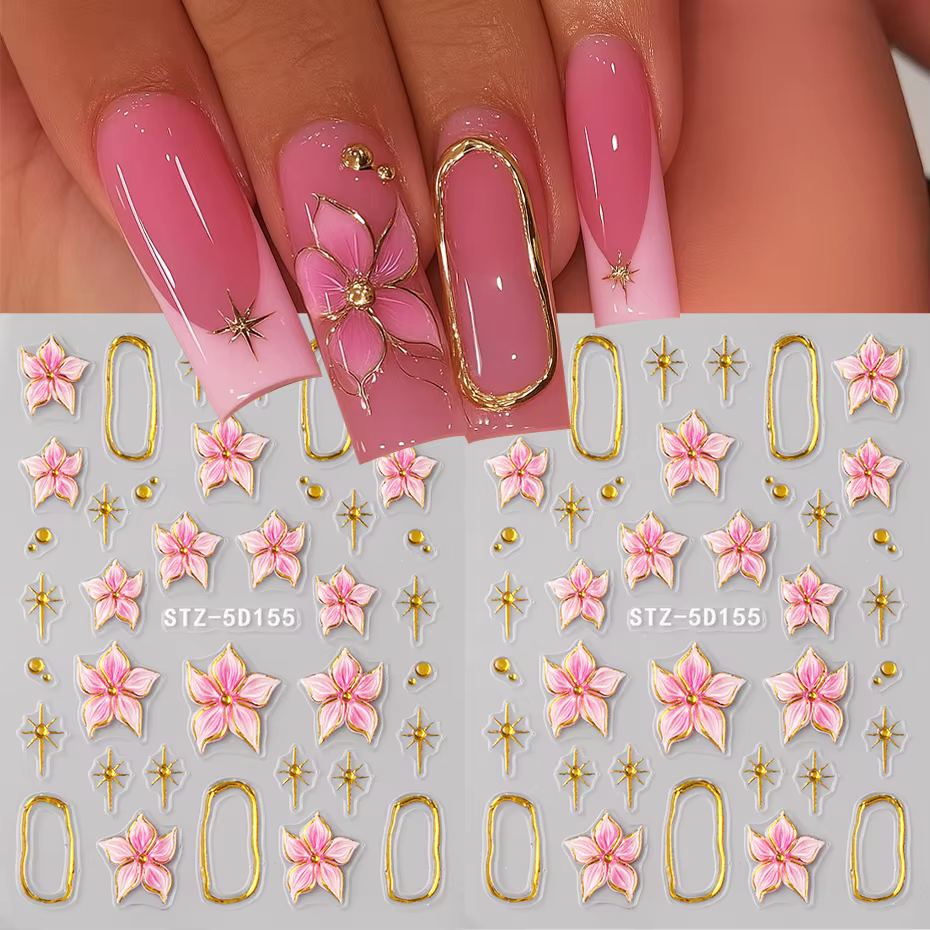 Autocollant pour Nail Art, fleur d'hibiscus en relief, fleur rose avec anneau en métal doré, décalco