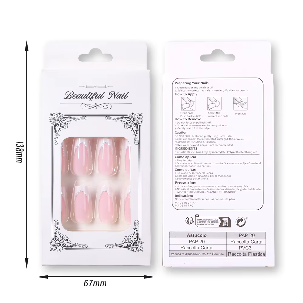 Faux ongles cercueil carrés courts, 24 pièces, à paillettes françaises, portables, couverture complè