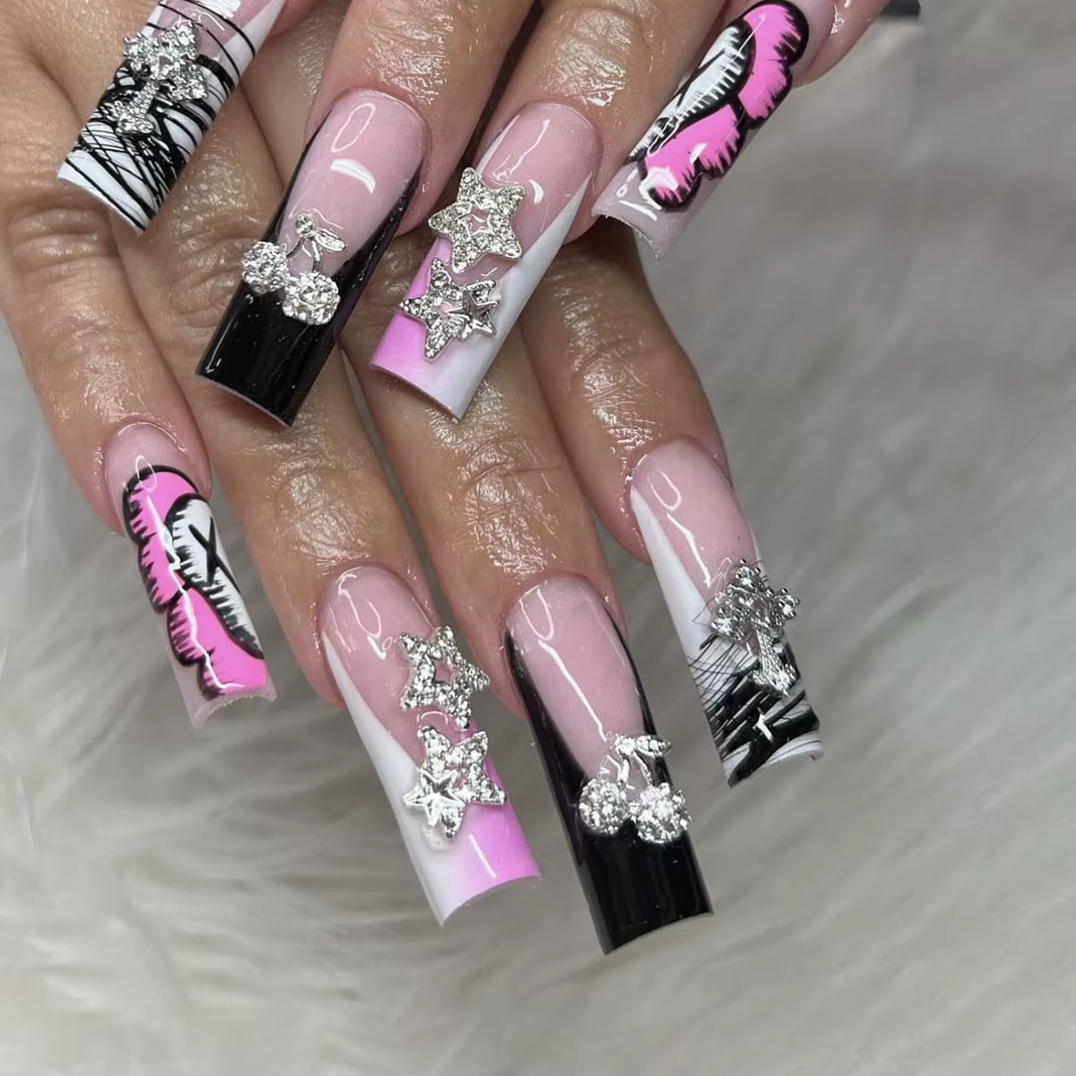 24 pièces blanc frontière française portable cercueil couleur diamant faux ongles conseils fleur con