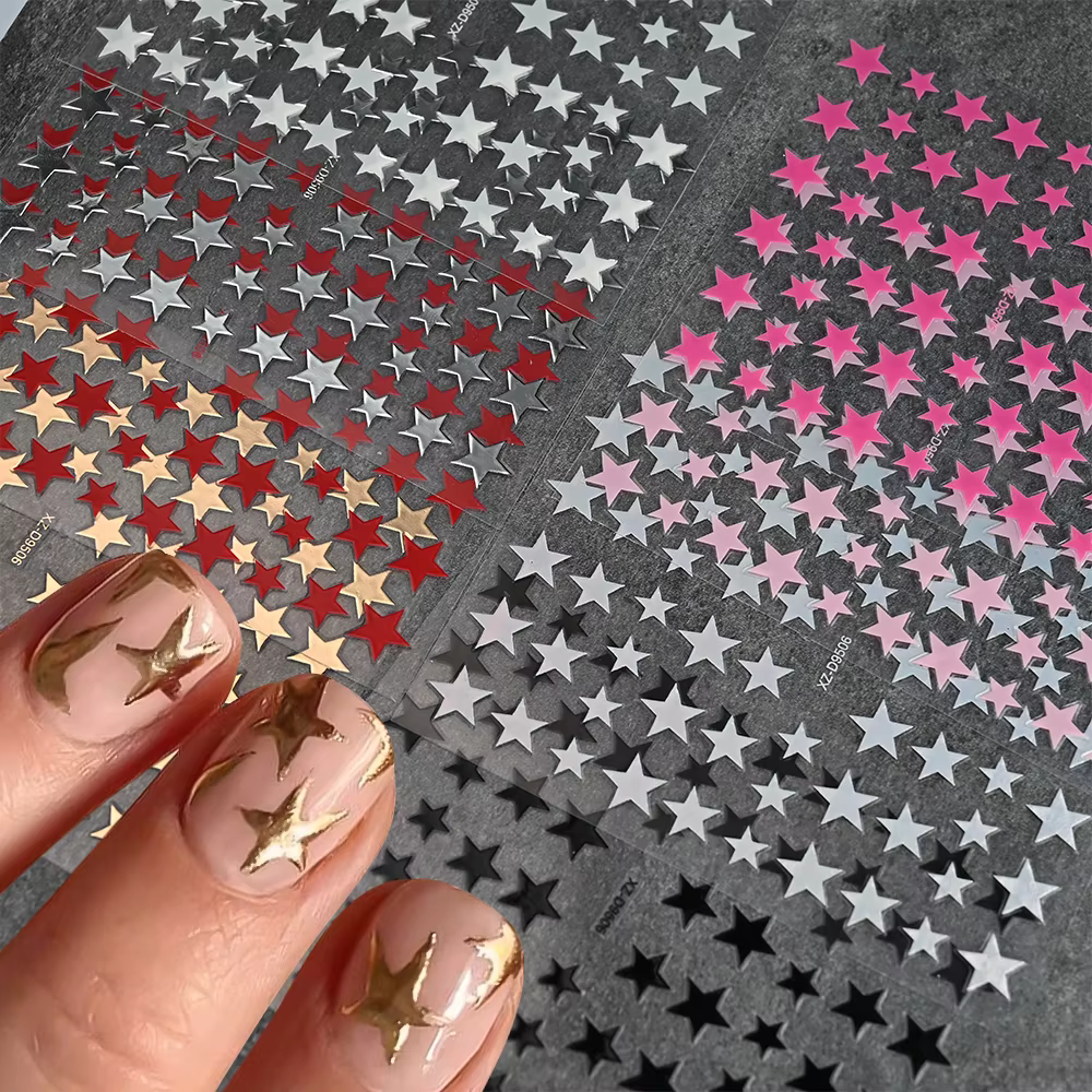 Autocollants pour Nail Art, 8 pièces, rose, or, noir, étoile, pentagramme métallique brillant, décal