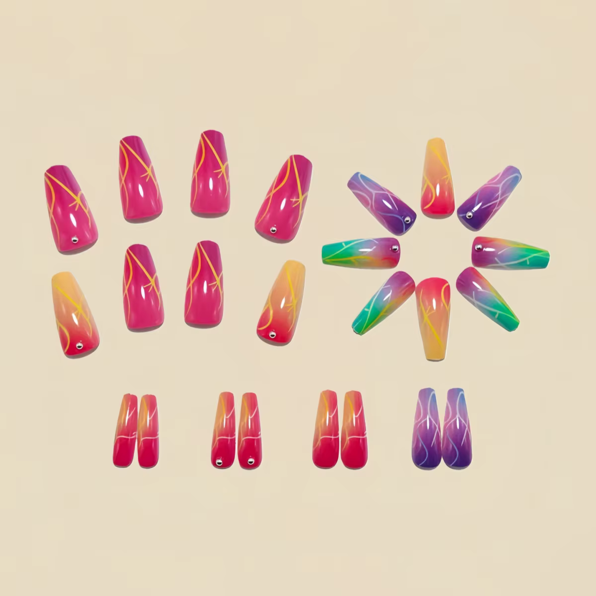 Faux ongles mi-longs avec motif de fleur en forme de cœur 3D, dégradé violet rouge, pointes de Balle