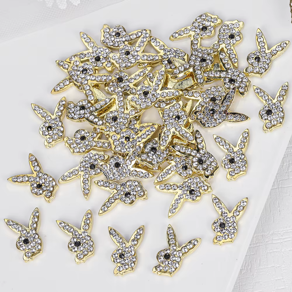 Breloques de luxe pour ongles, alliage d'or, lapin, paillettes, diamant, strass, cristal, pour brico