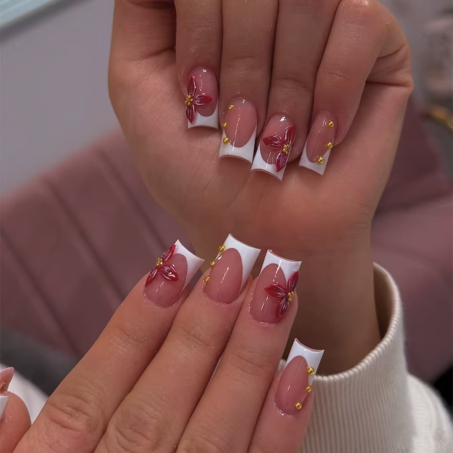 24 pièces de faux ongles simples, motifs floraux, carrés, faux ongles français courts, ballet, à pre
