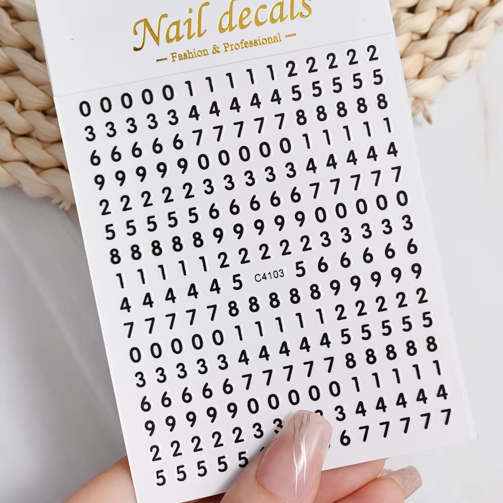 Autocollant pour ongles 3d avec chiffres noirs et lettres anglaises, autocollant auto-adhésif or arg