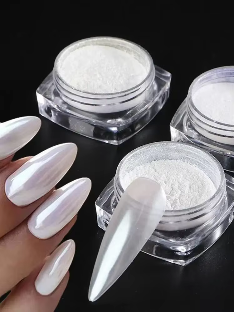 Poudre à ongles effet perle blanche claire, poudre à ongles effet miroir aurore, pigment rose féeriq