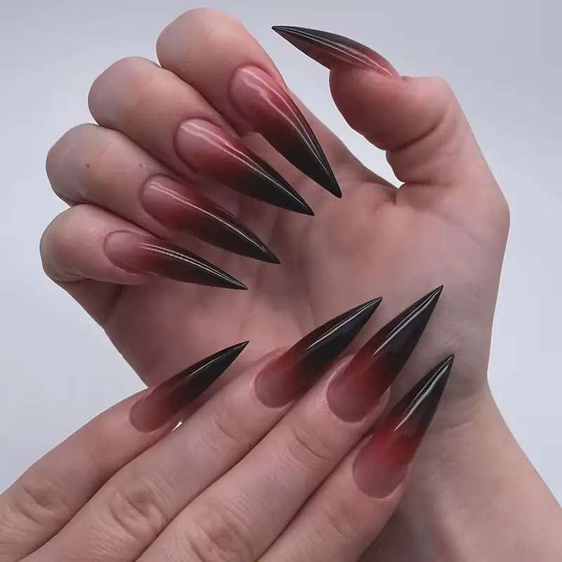 Ensemble de faux ongles noirs brillants, 24 pièces, pointes à pression, couleur unie, longs Stiletto