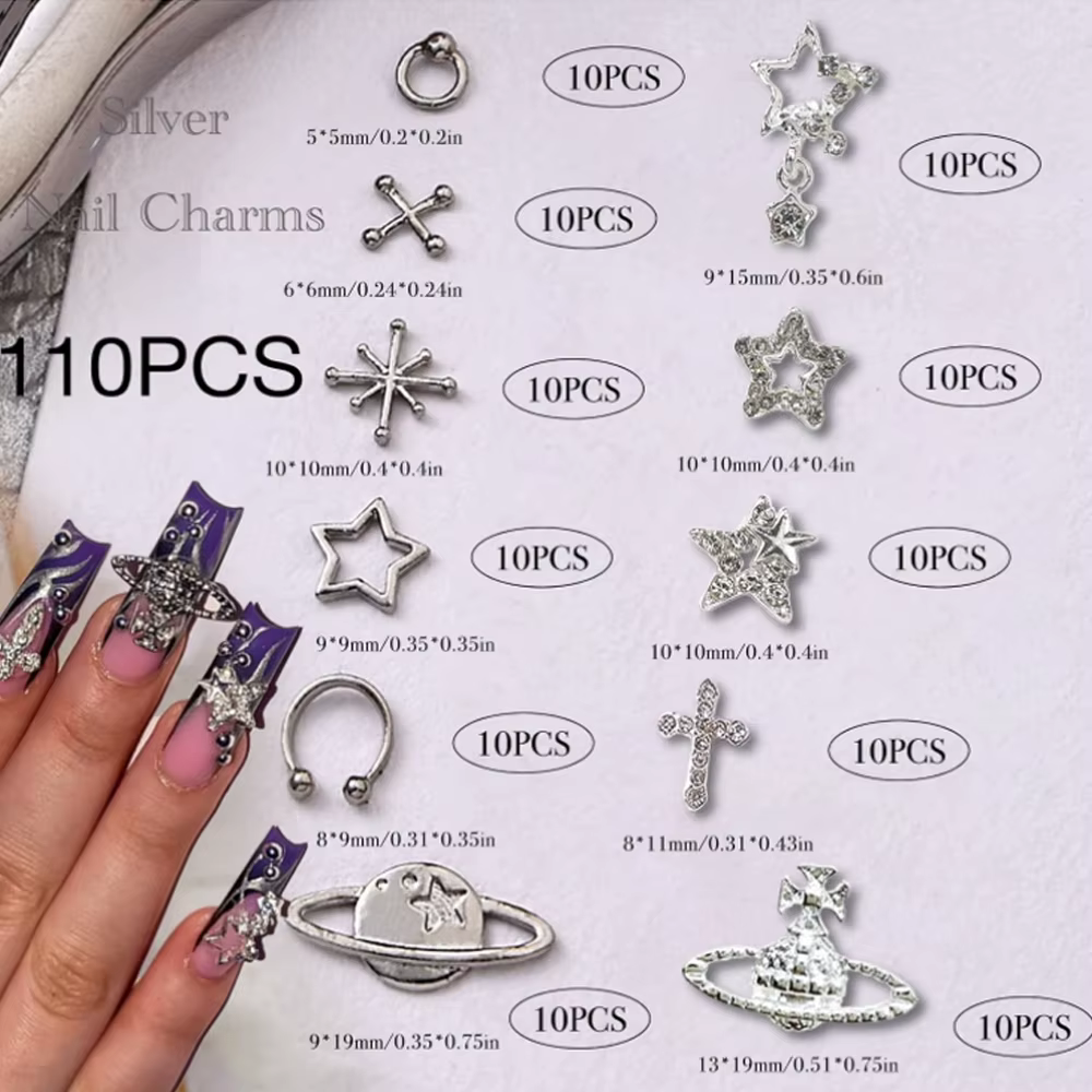Breloques à ongles en alliage pour Nail Art, étoile argentée, planète, croix, décoration, charbon, b