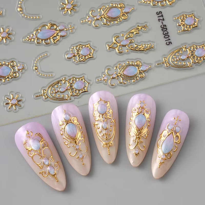 Autocollants de luxe en relief pour ongles, Style Baroque doré argenté, Y2K, motif métallique rétro