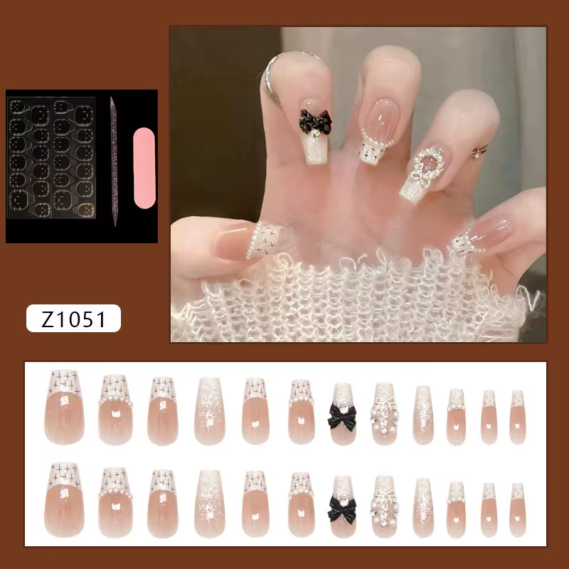 Faux ongles à presser tissés, nude, pailletés, style French, avec nœud perlé 3D et strass, amovibles