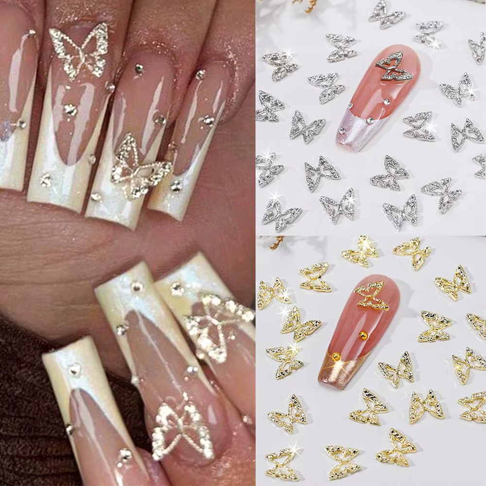 Breloques pour ongles en strass papillon creux 3D, 20 pièces, breloques de luxe, ailes en diamant or