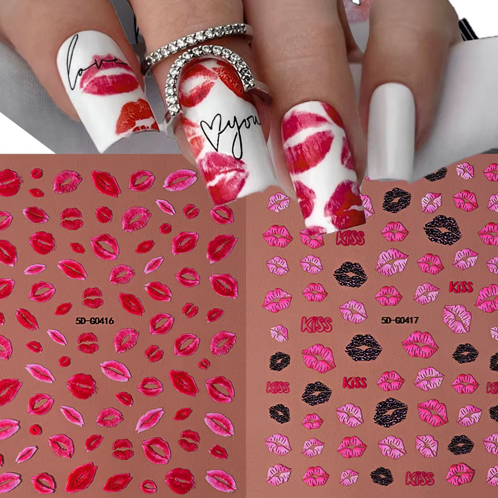 Autocollants 5D en Relief pour Ongles, Lèvres Rouges/Roses, Décalcomanies Romantiques de Luxe, Curse
