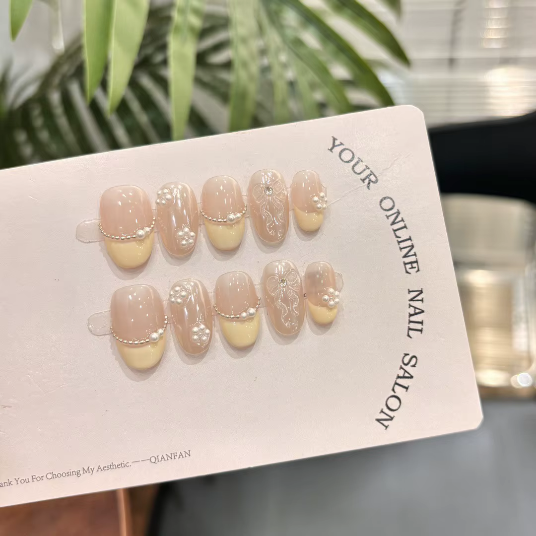 Faux ongles ovales Beige faits à la main, 10 pièces, nœud blanc, Styles mignons, élégants, pour usag