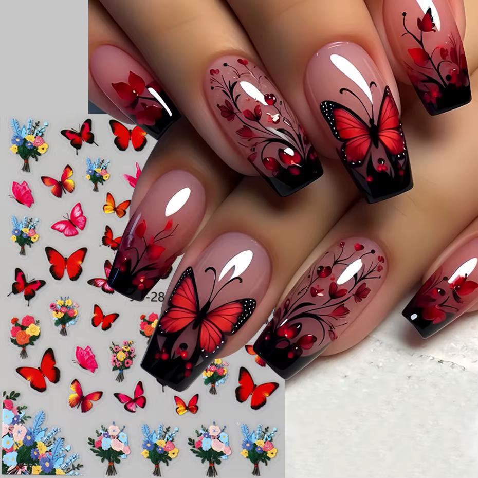10 pièces coloré printemps été papillon Nail Art autocollants brillant multicolore papillon fleurs a
