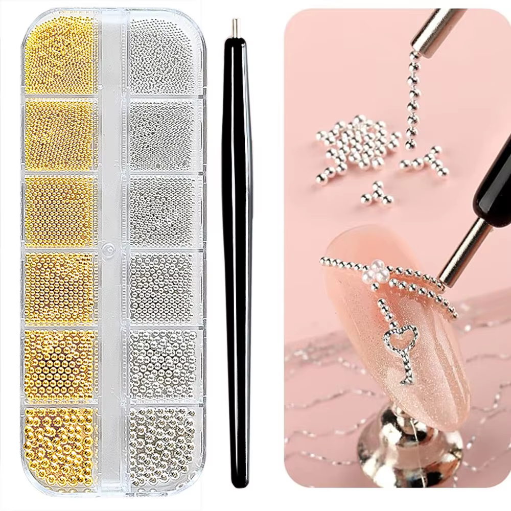 Mini perles de Caviar or/argent à 12 grilles, décorations Nail Art, Micro boules en métal, breloque