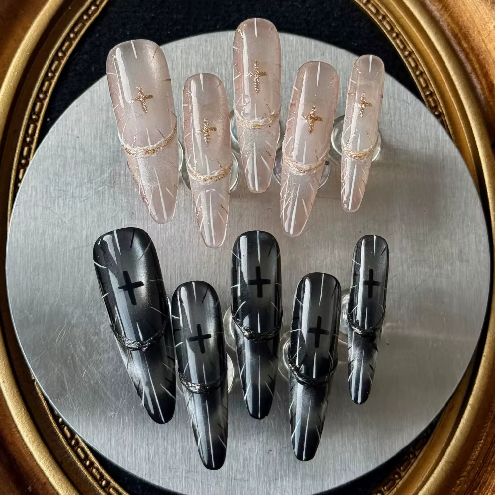 10 pièces haut de gamme fait à la main longue cercueil Ellipse portable couverture complète ongles f
