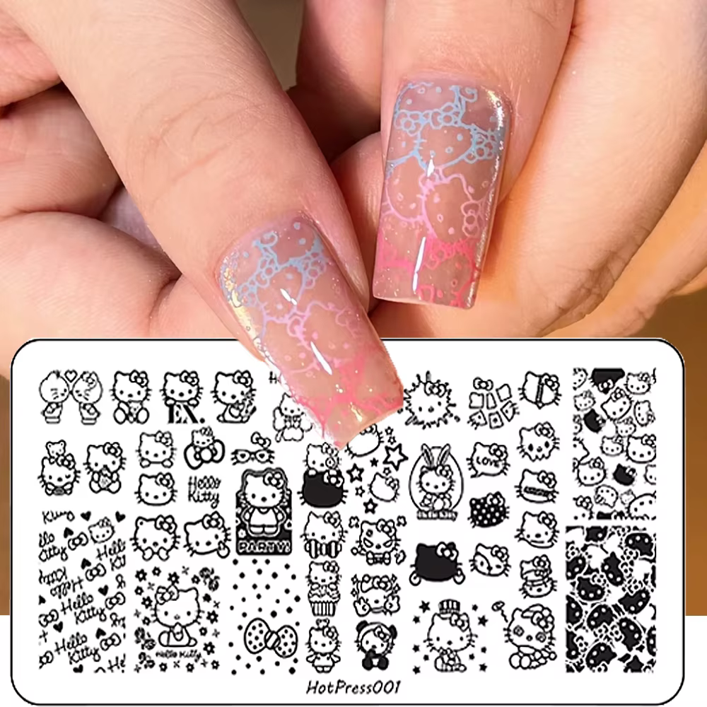 1 plaque de stamping Hello Kitty en acier inoxydable, motif points de pois, pour nail art, plaque de