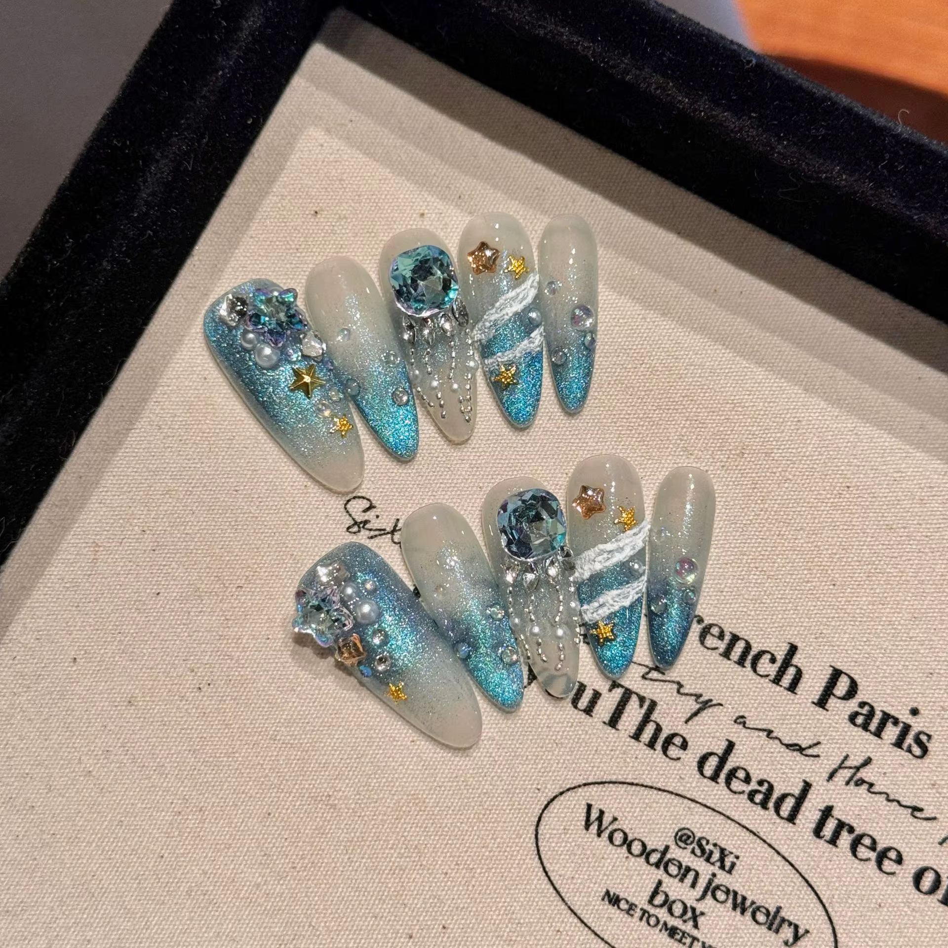 Faux ongles brillants faits à la main, poignées portables, paillettes amovibles, nickel é œil de cha