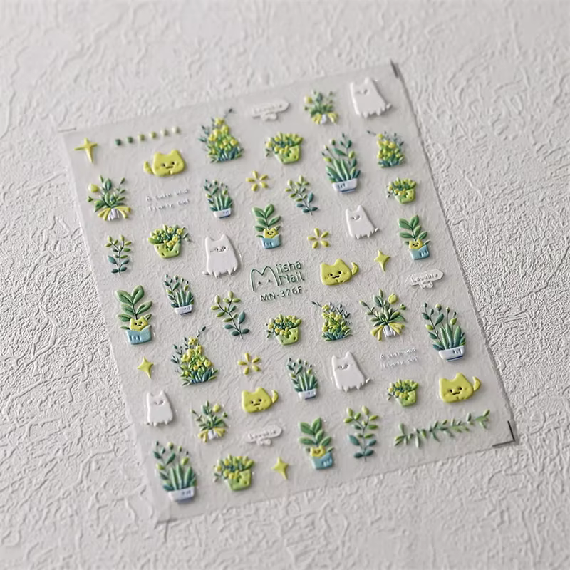 Autocollants pour ongles, 1 pièce, joli chat vert, plante en pot, fleurs, Reliefs 5D, autocollants a
