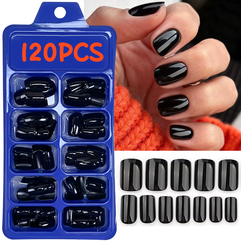 Faux ongles noirs brillants classiques, couverture complète, à pression, courts, ronds, réutilisable