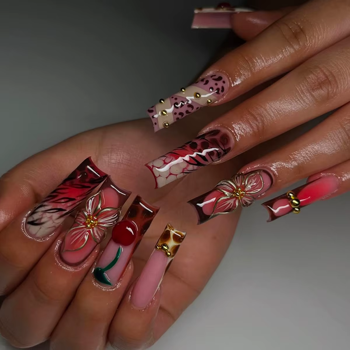 24 pièces rose imprimé léopard presse sur ongles carré faux ongles diamant Y2k faux ongles français