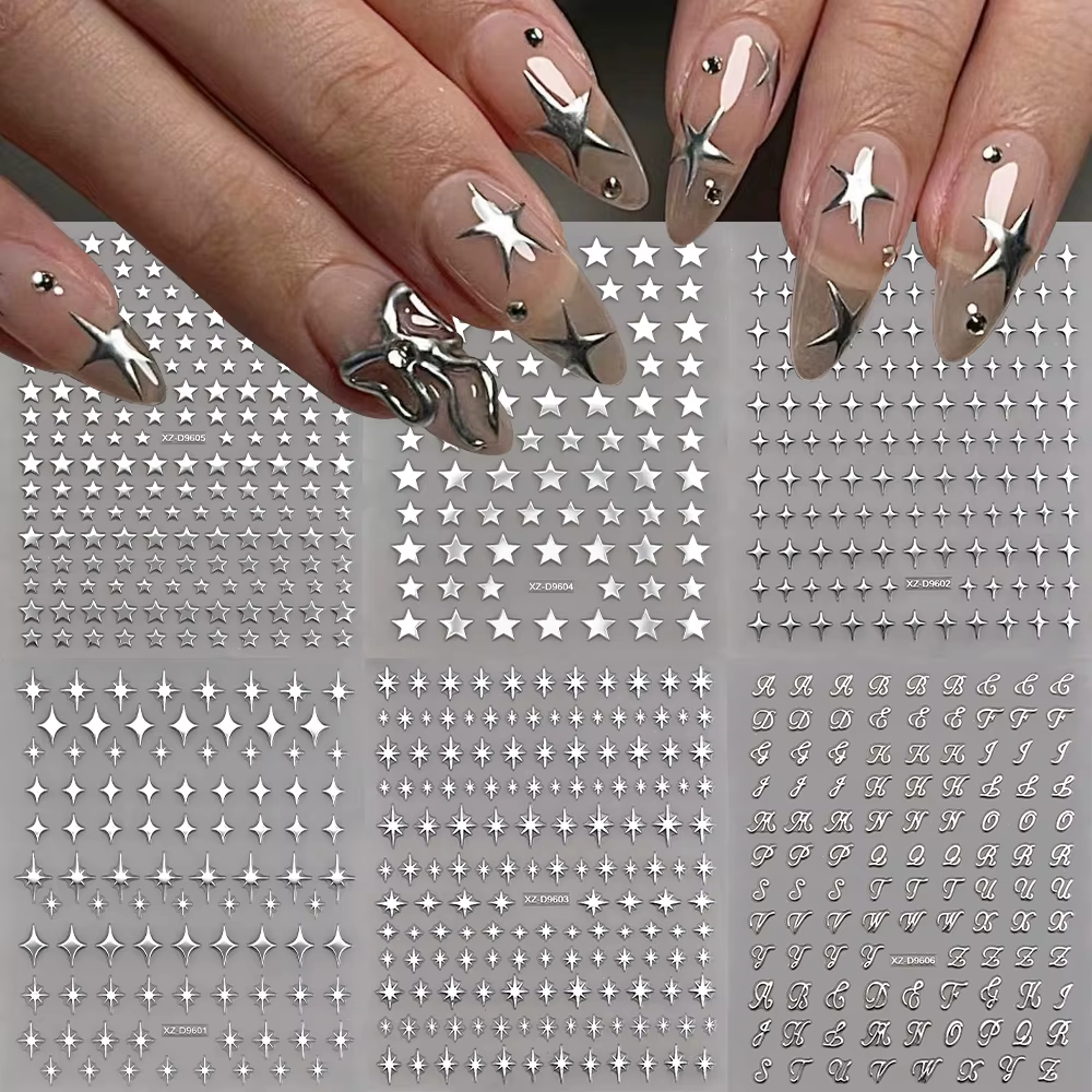 Autocollants pour ongles en forme d'étoile et d'alphabet, 6 pièces, lettres fines et flexibles, étoi