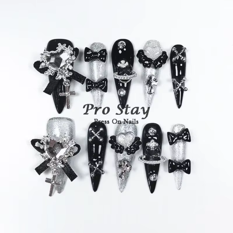 Faux ongles artificiels noirs foncés Y2k, faits à la main, à pression, doux et frais, avec diamant,