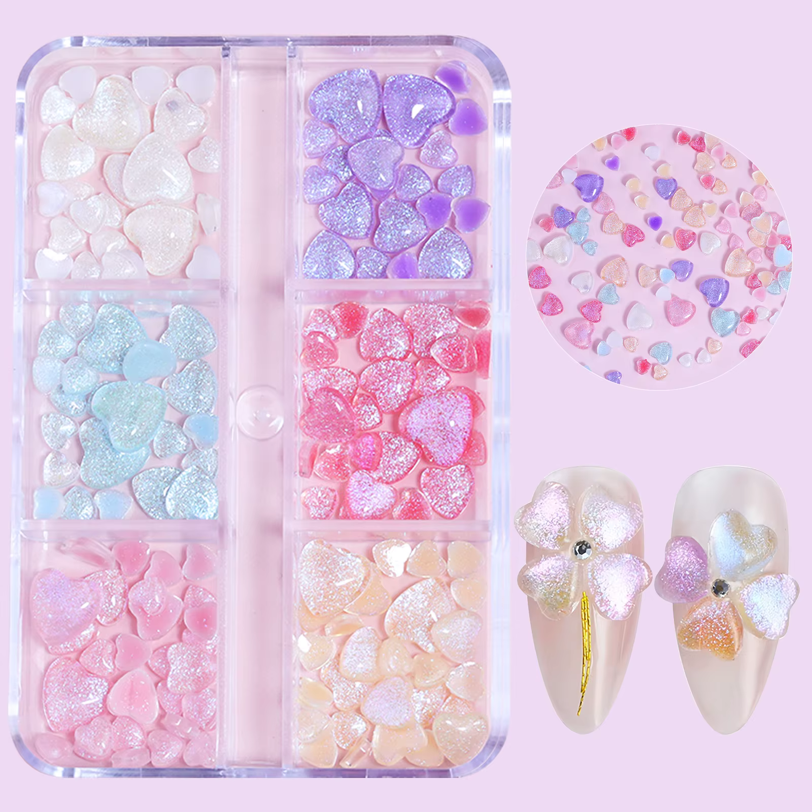 N64.Art-Boîte de pièces décoratives en forme de cœur transparent rose, fournitures Kawaii, ensembles