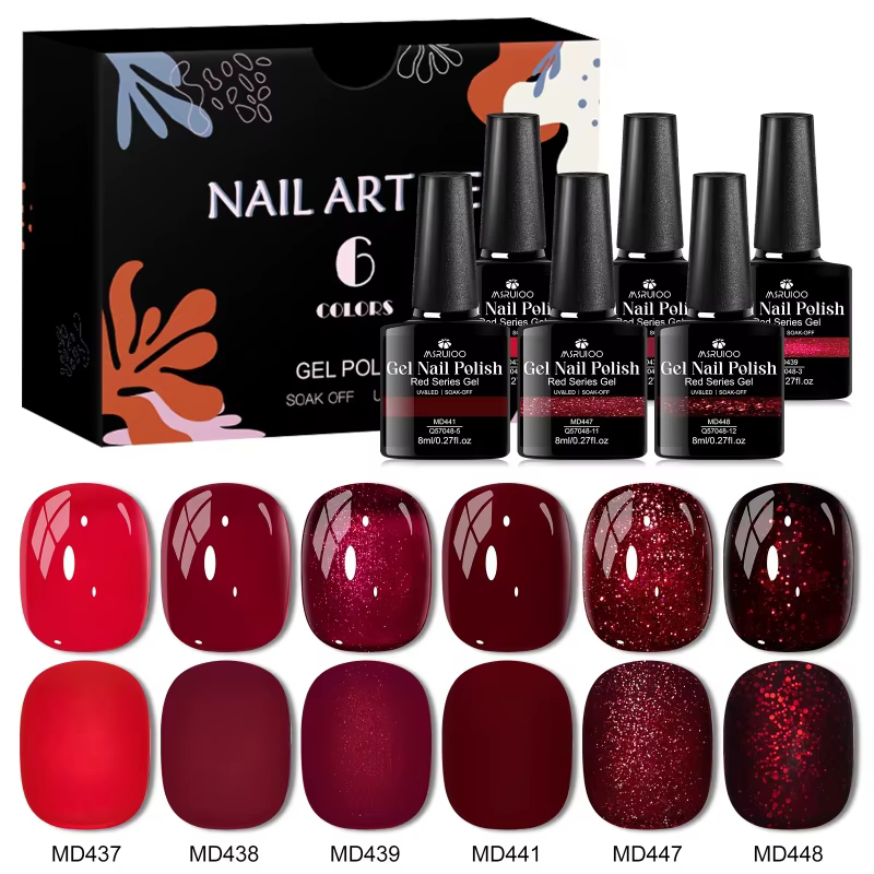 Vernis à ongles Gel série rouge de noël, 6 pièces, 8ml, effet brillant, Semi-Permanent, UV LED, four