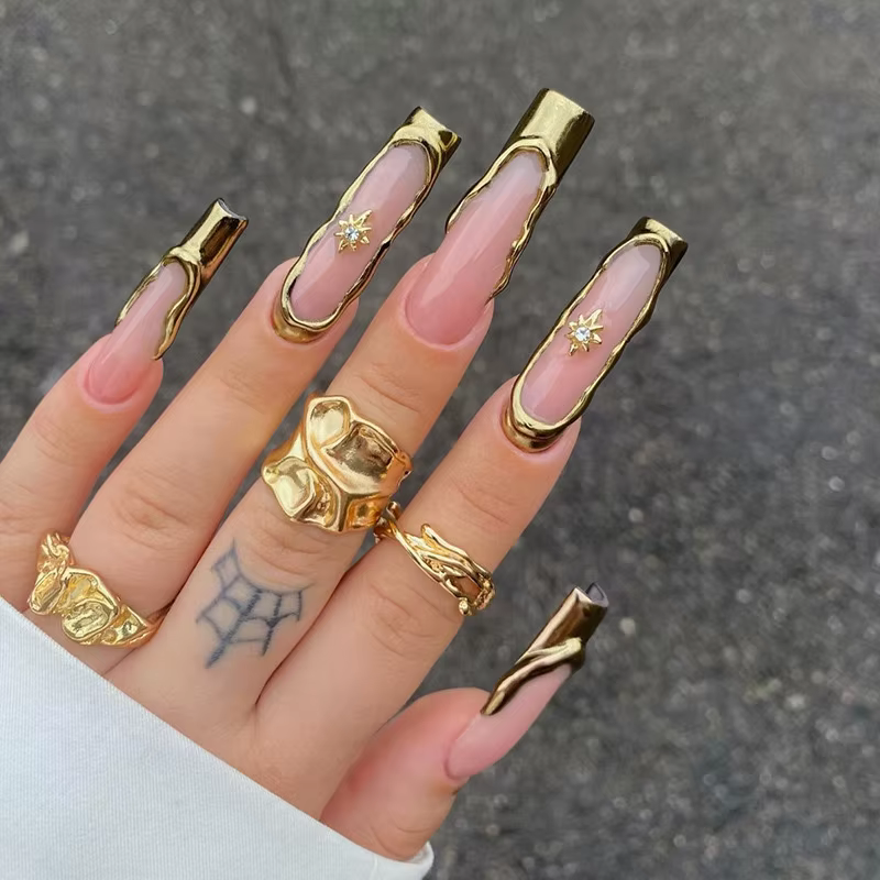 Faux ongles à bordure française dorée, longs cercueil, avec strass, ballerine, couverture complète,