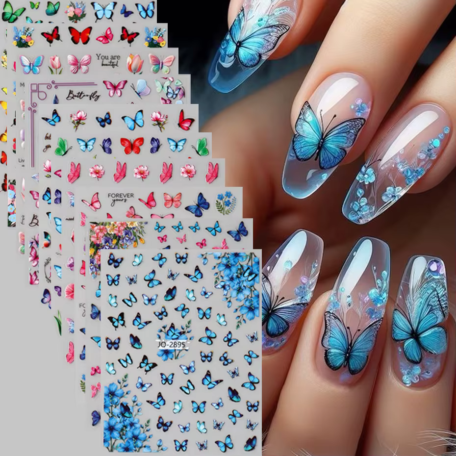 10 pièces coloré printemps été papillon Nail Art autocollants brillant multicolore papillon fleurs a