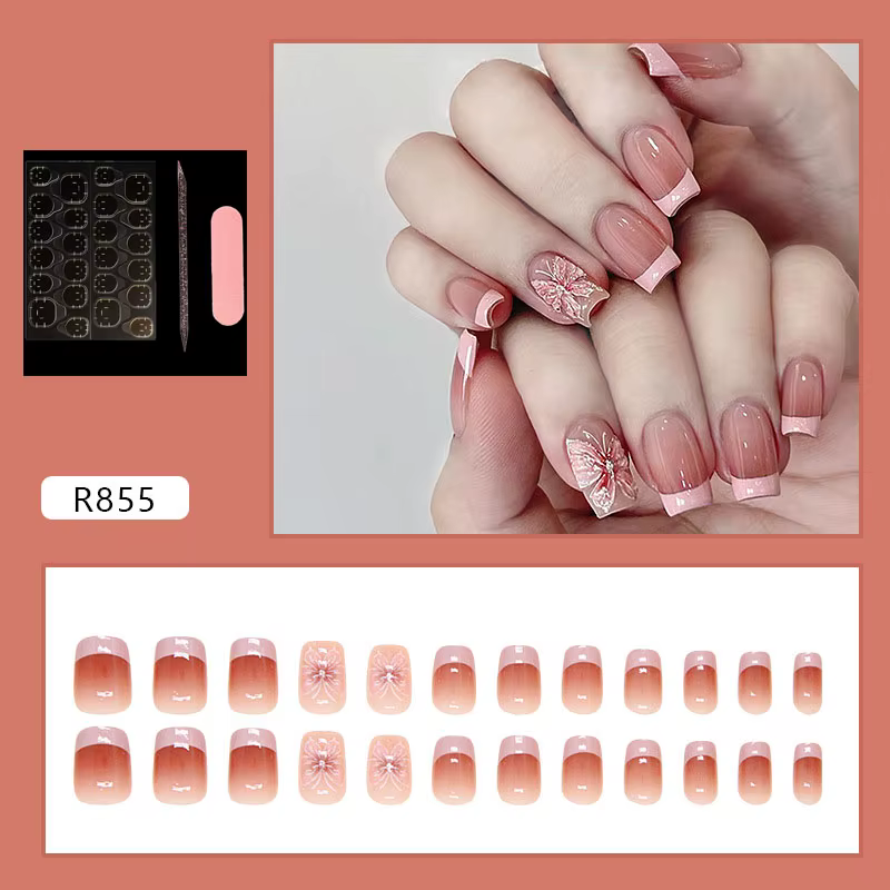 Faux ongles courts carrés à presser, dégradé rose, style français, avec décor papillon 3D, amovibles