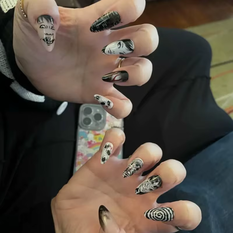 Tomie-Faux Ongles Noir Brcorporelle Réutilisables pour Fille, 24 Pièces, Anime Japonais, Horreur, Ba