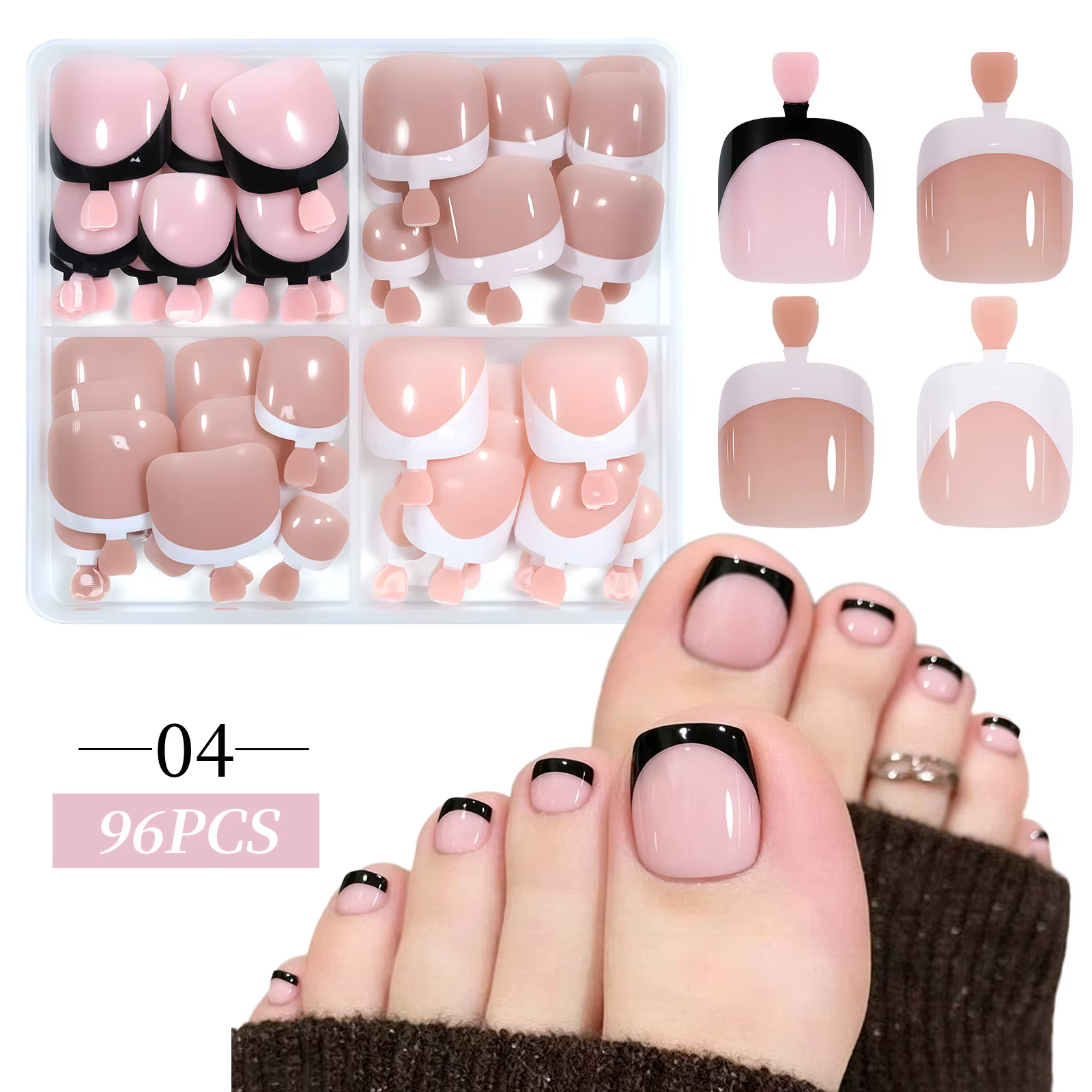 Lot de 96 faux ongles à presser pour les orteils, courts, carrés, avec French Manucure et effet œil
