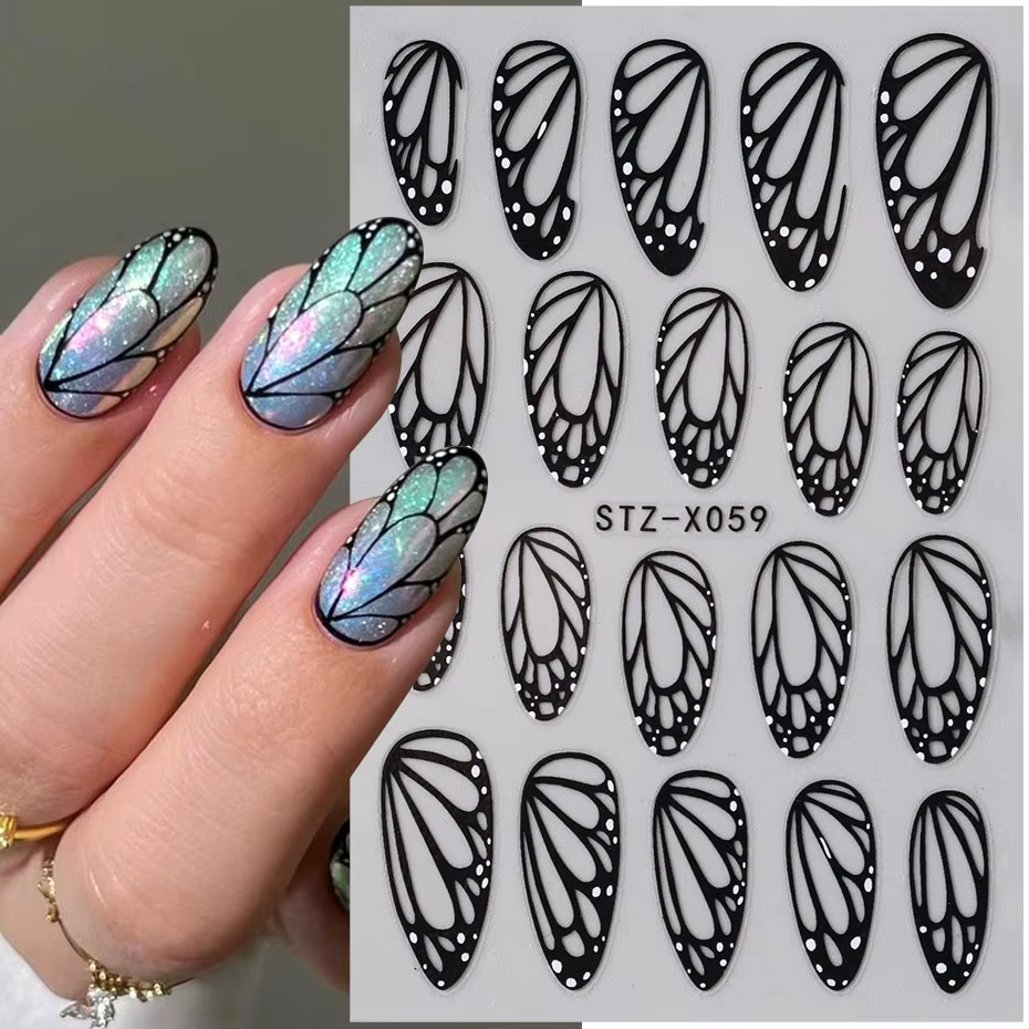Autocollants pour ongles ailes de papillon noires, 2 pièces, modèles élégants pour ongles de printem