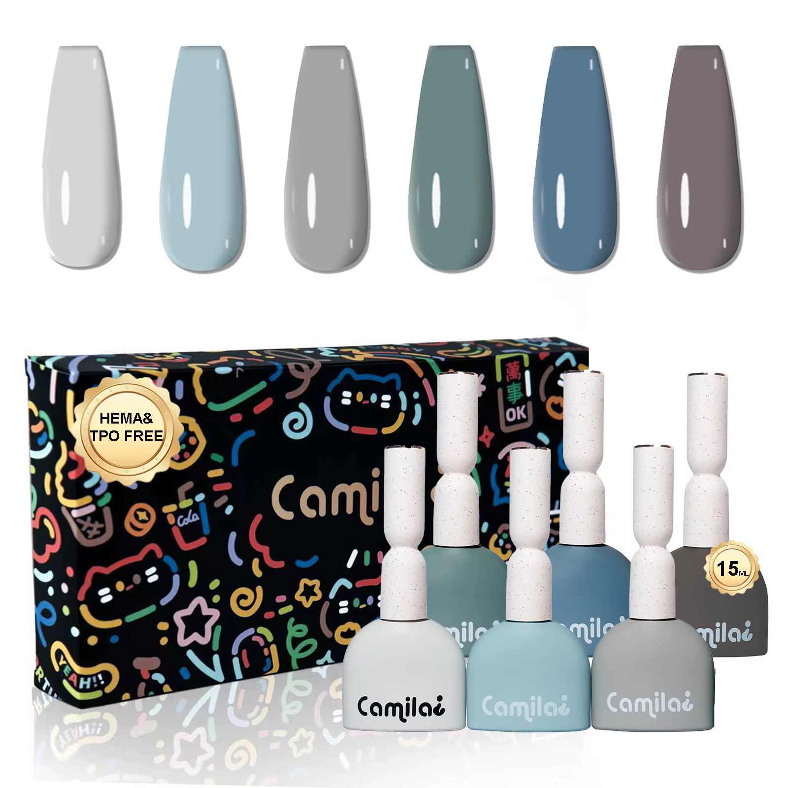 CAMILA – Lot de 6 vernis gel gris clair 15 ml, sans TPO ni HEMA, kit de manucure professionnel pour 