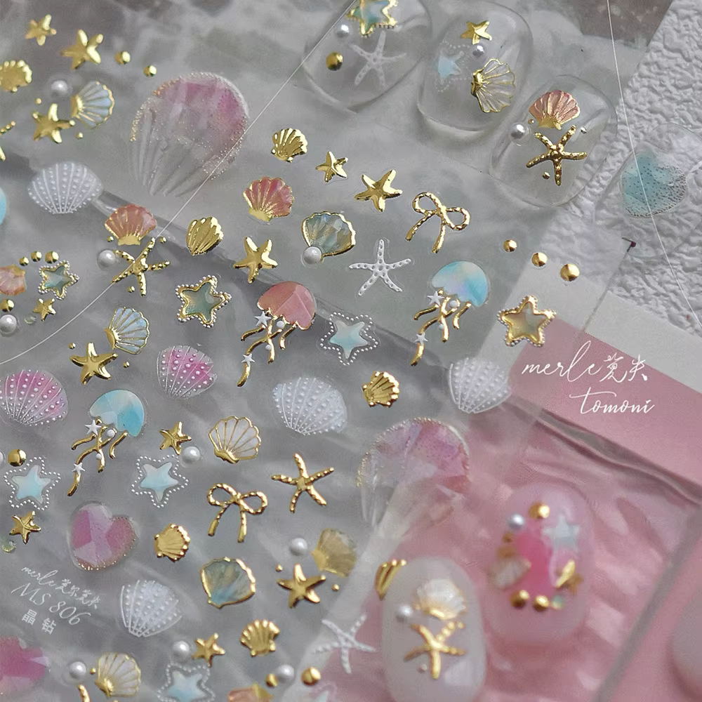 Autocollants de manucure 5D pour Nail Art, coquille de conque colorée brillante, corail, étoile de m