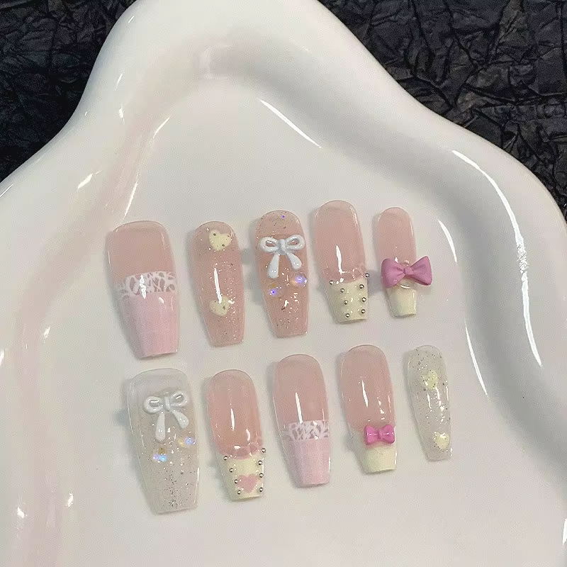 10 pièces brillant doux rose français à la main presse sur les ongles avec nœud papillon 3D mignon m
