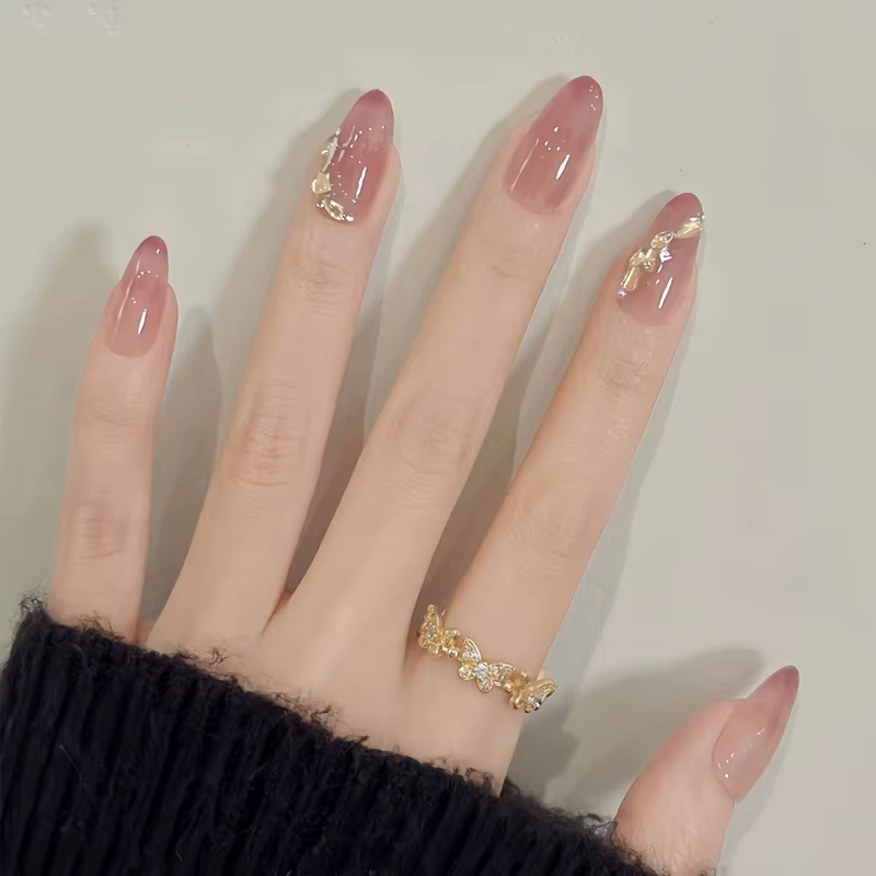 24 pièces amande Pure fait à la main presse sur les ongles couverture complète papillon français per