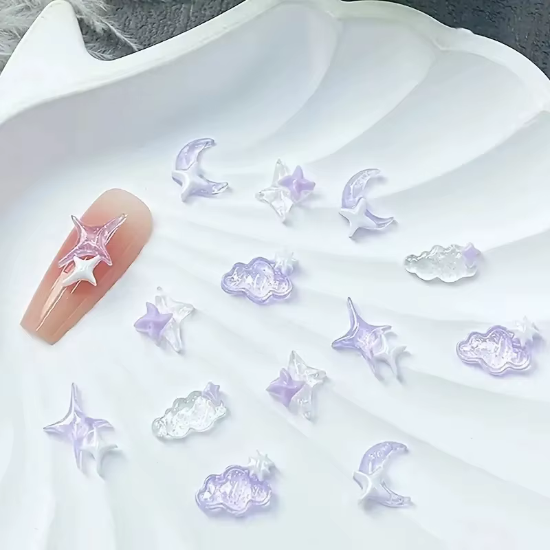 50pcs violet mélangé 3D lune nuage étoile breloques pour ongles en vrac Kawaii Lumionus Mini nuage d
