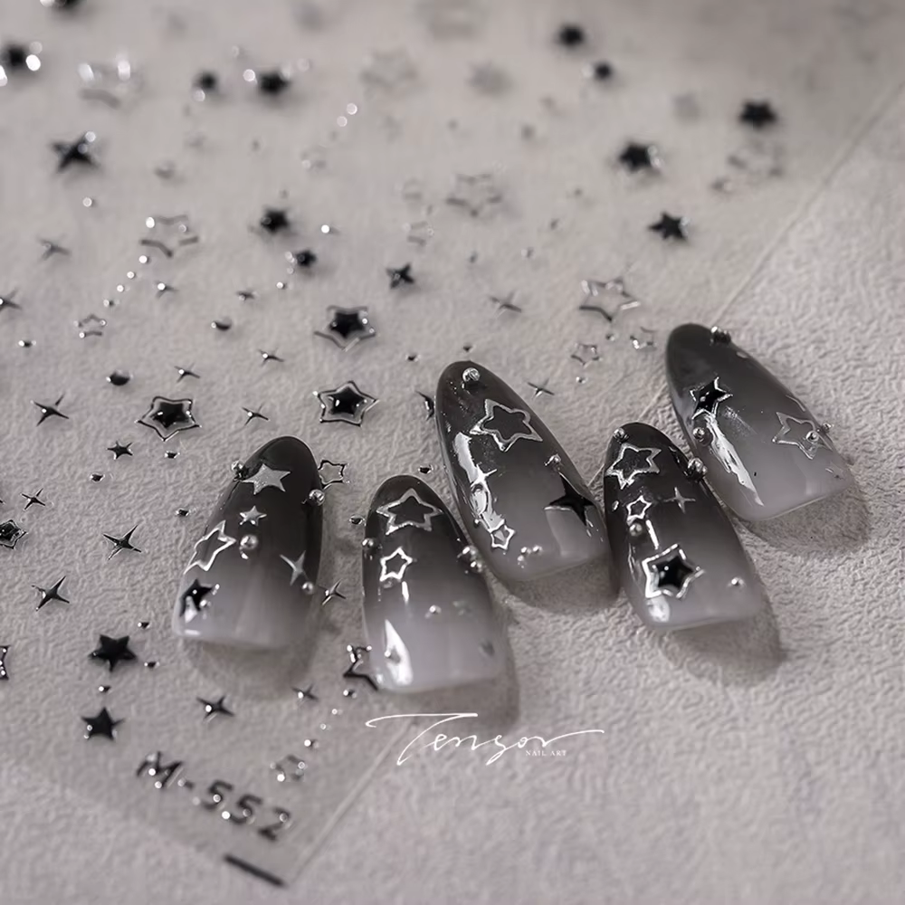 Autocollants pour ongles étoiles de luxe 5D, décalcomanies pour Nail Art, noir et argent, dorure ajo