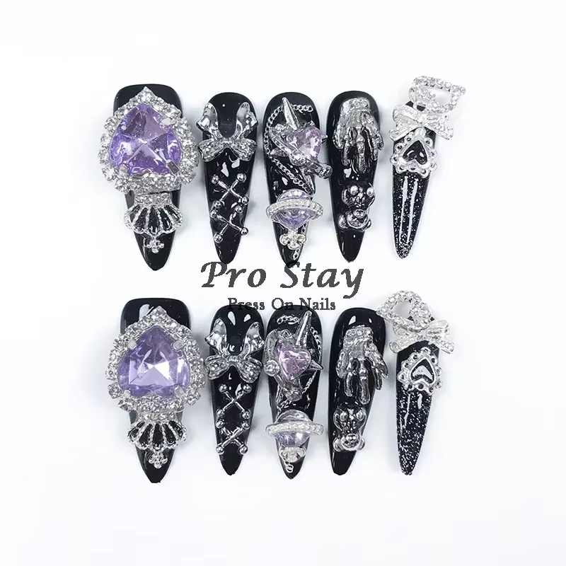 Faux ongles artificiels noirs foncés Y2k, faits à la main, à pression, doux et frais, avec diamant,