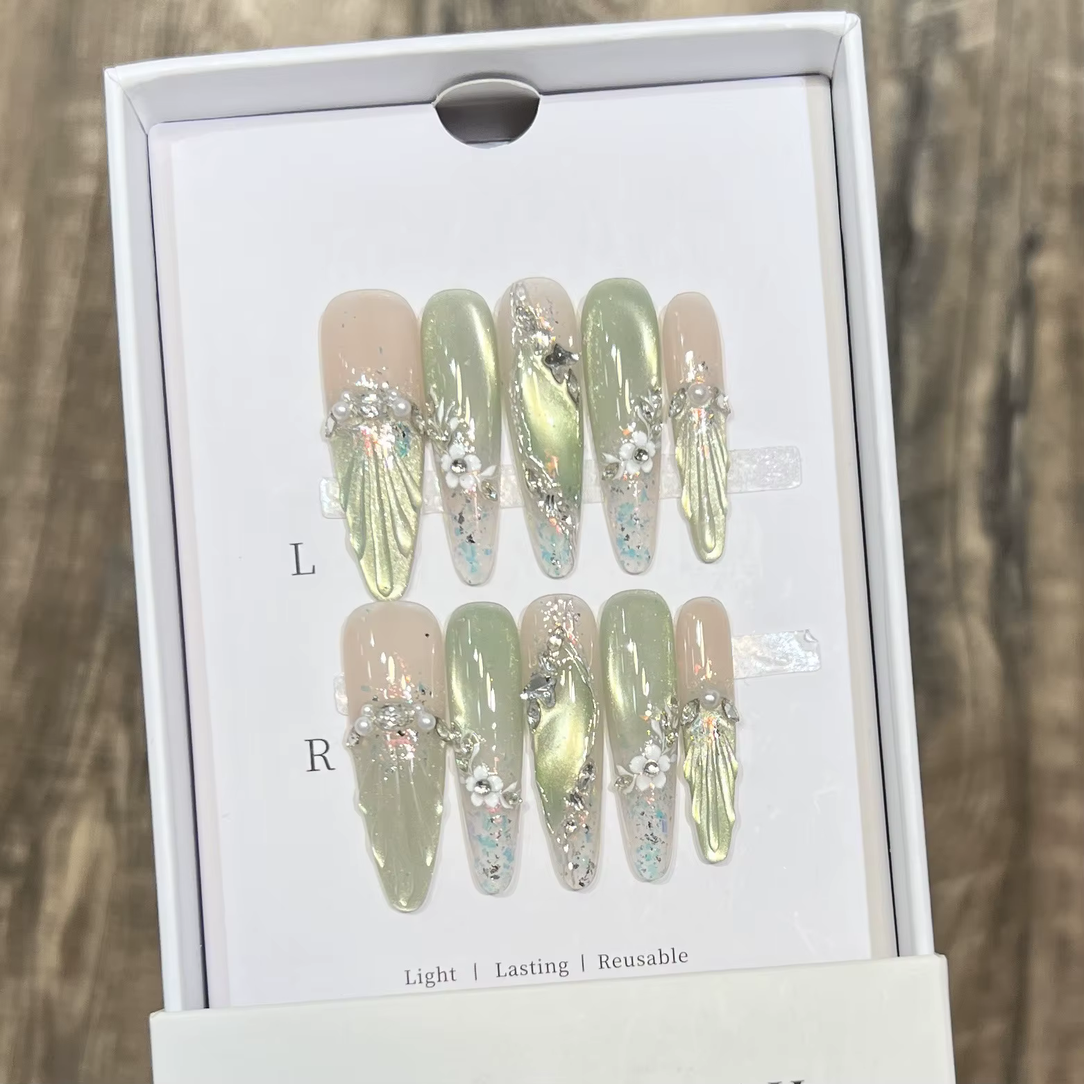 10 pièces rose oeil de chat faux ongles 3D papillon faux ongles diamant perle presse sur ongles dégr