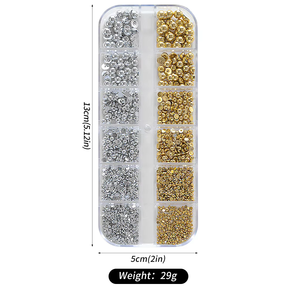 12 grille/boîte or argent demi-rond Caviar perle breloques pour ongles 1/2/3/5mm Flatback rond en ac