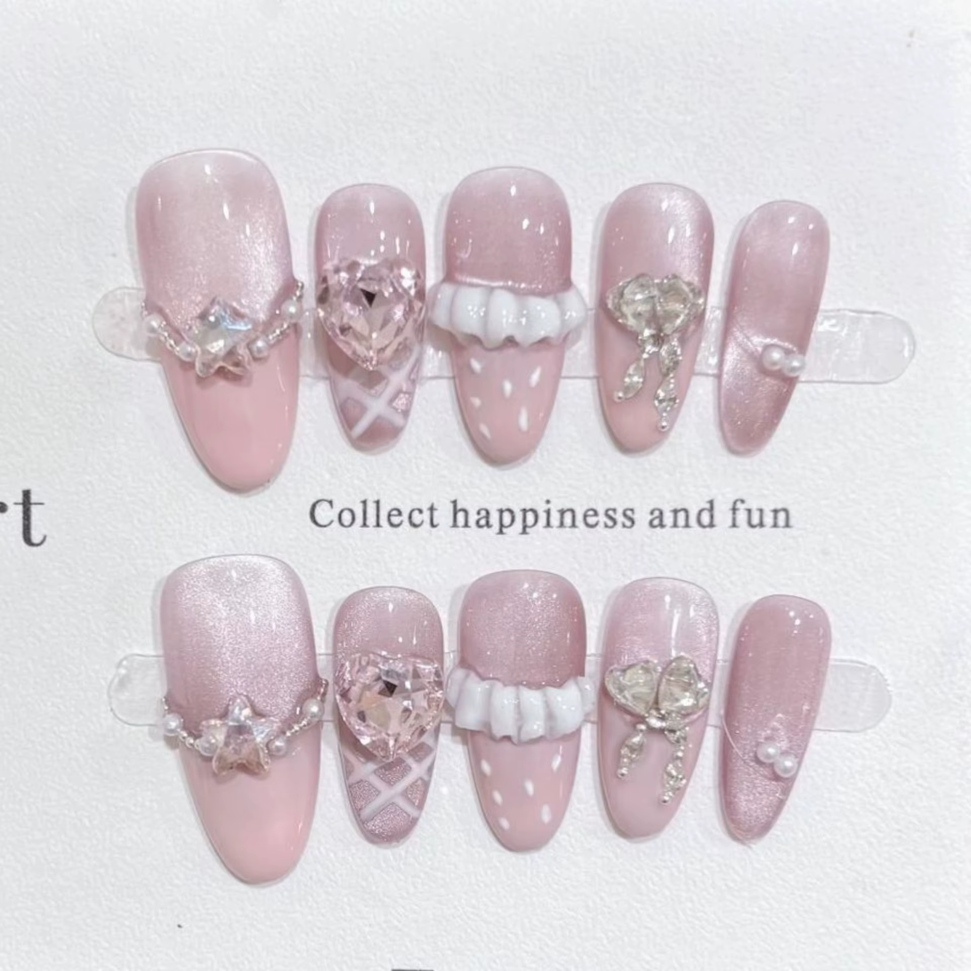 10 pièces violet oeil de chat fait à la main faux ongles conseils paillettes mi-longue ovale presse