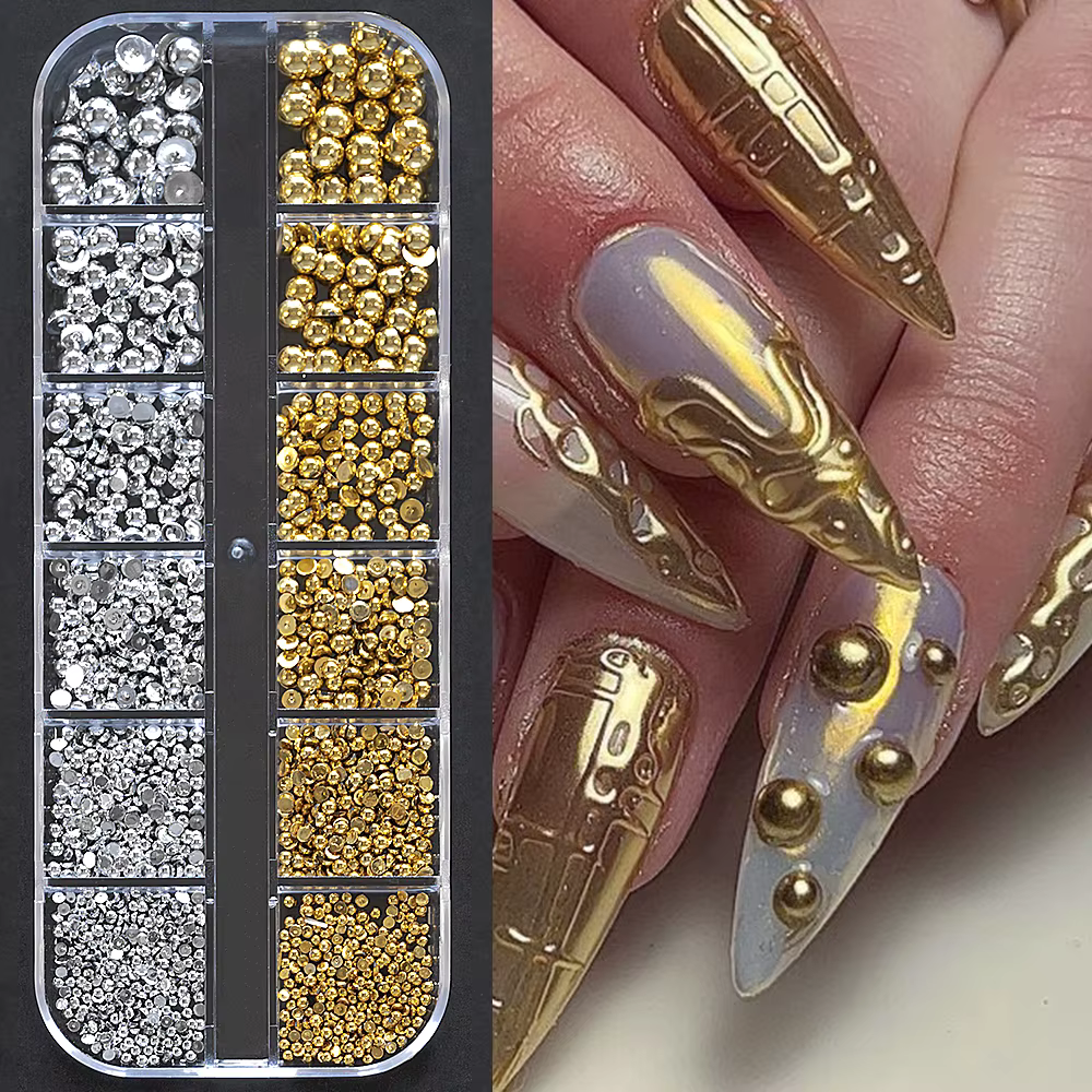 12 grille/boîte or argent demi-rond Caviar perle breloques pour ongles 1/2/3/5mm Flatback rond en ac