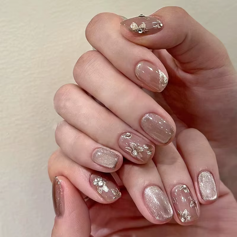 Faux ongles à tête carrée, œil de chat, français, poudre scintillante, presse, imperméable, Noël, N6
