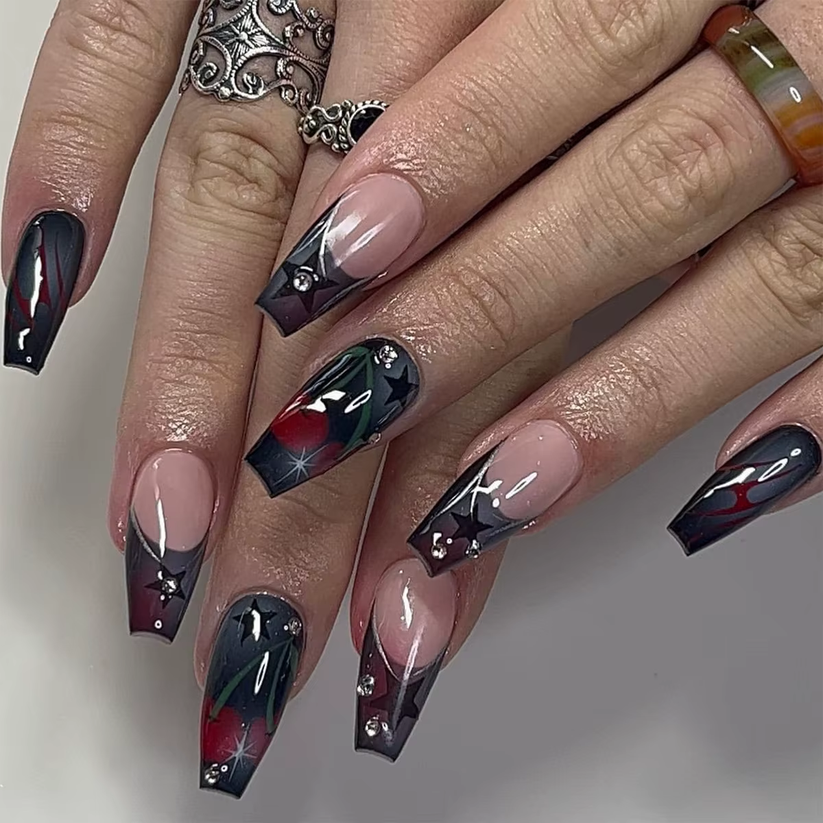 Faux ongles français avec ombrage d'étoiles 3D, artificiels bruns pour filles et femmes, à pression,