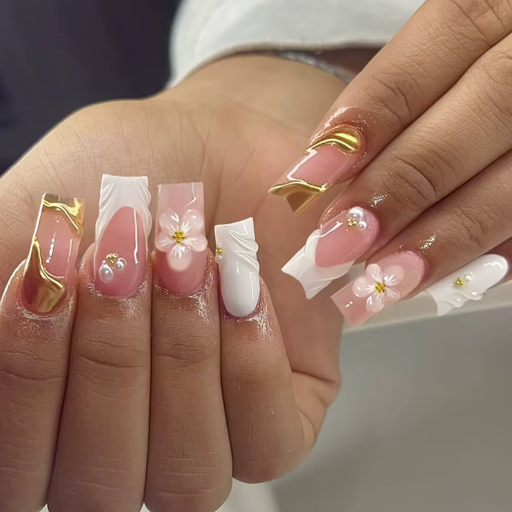 24 pièces Long carré 3D tridimensionnel Gelnail fait des ongles de fleur avec perle décorer concepti