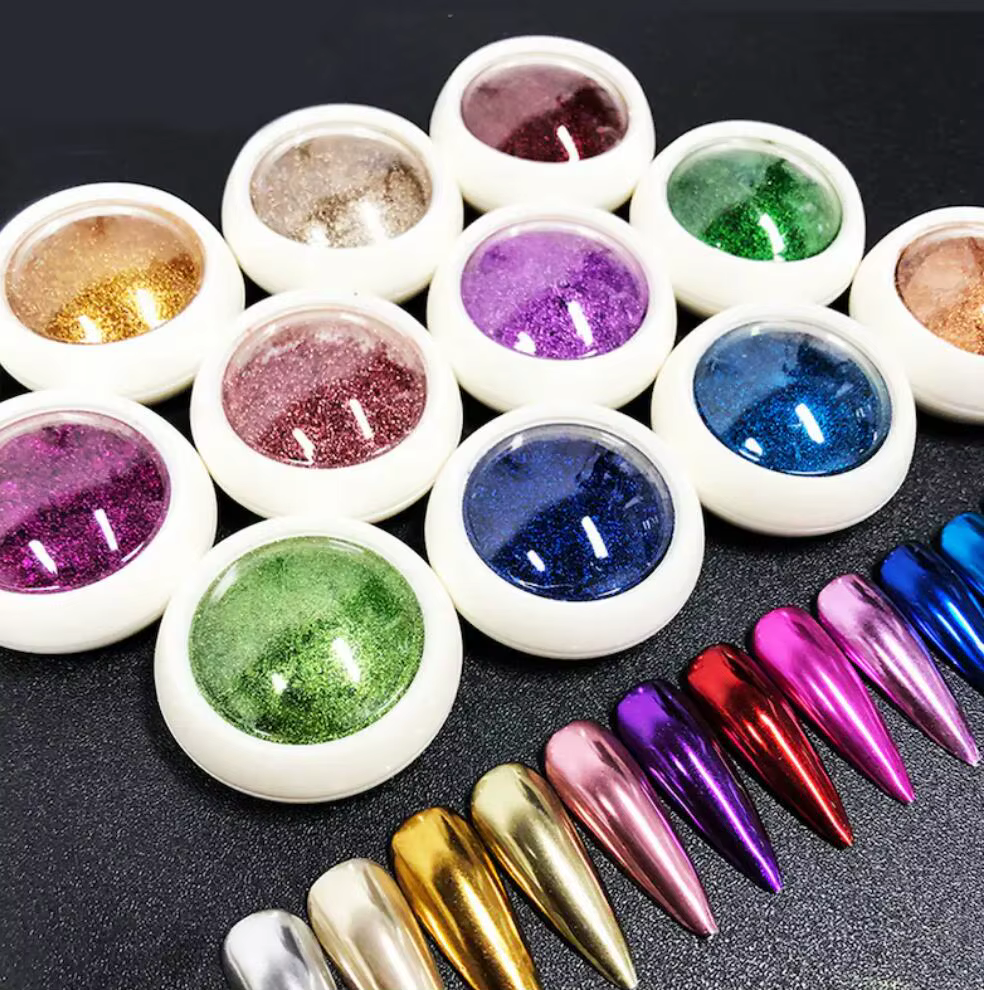 Poudre à ongles effet miroir chromé doré, holographique, métallique, champagne, doré, titane, poussi